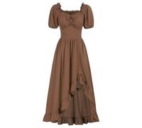 Vintage Maxi Dresses Womens Medieval Cottagecore Dress Renaissance Elegant Smocked Party Dress Elasticated Waist Short Sleeve Halloween Outfits Costumes Brown