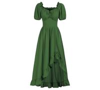 Vintage Maxi Dresses Womens Medieval Cottagecore Dress Renaissance Elegant Smocked Party Dress Elasticated Waist Short Sleeve Halloween Outfits Costumes Green