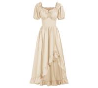 Vintage Maxi Dresses Womens Medieval Cottagecore Dress Renaissance Elegant Smocked Party Dress Elasticated Waist Short Sleeve Halloween Outfits Costumes Beige