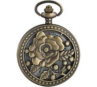 Vintage Mechanical Pocket Watch with Chain Pocket Watch Vintage Charming Hollow Rose Flowers Design Quartz Pocket Watch Bronze Lady Necklace Watch Old Fashioned Pendant Clock,Steam