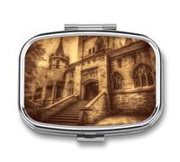 Vintage Medieval Castle Pill Box 2 Compartment Decorative Metal Pill Case for Pocket Or Purse Travel Portable Medicine Box Pill Container Organizer for Vitamins Fish Oils Supplements