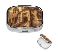 Vintage Medieval Castle Pill Box 2 Compartment Medicine Pill Organizer Square Pill Case for Purse & Pocket Travel Pillbox Portable Metal Medicine Vitamin Fish Oil Organizer Unique Gift