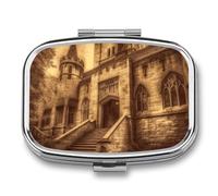 Vintage Medieval Castle Pill Case with 2 Compartment, Pill Organizer Portable Square Pill Box,Vitamin Pill Organizer for Pocket Purse and Travel