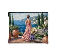 Vintage Mediterranean Makeup Bag, Red Stripes Coastal Cosmetic Travel Pouch for Women, Portable Canvas Zipper Organizer, Summer Skincare Toiletry Bag, Red, 7x9 Inch, Pouch