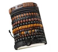 Vintage Men's Bracelet Set, 12 Pieces, Leather and Beaded Bracelets, Black and Brown Collection, 2.76 Inch Diameter