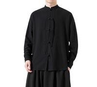Vintage Men's Men's Tops Plate Buckle Hanbok Men's Long Sleeved Shirt Down Pajama (Black, M)
