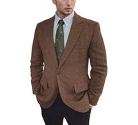 Vintage Mens Tweed Blazer Retro Wool Blend Suit Jackets Herringbone Two Button Sport Coat Prom Business Casual Wedding, Brown, M