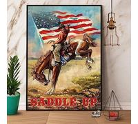 Vintage Metal Bathroom Signs Cowboy Saddle Up American Flag Room Decor Aesthetic Wall Art Tin Sign Gift for Living Man Cave 8x6 inch