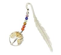 Vintage Metal Feather Tree of Life with Healing Crystals Book Marks Pendant Students Decor Stationery(Yellow)