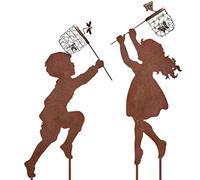 Vintage Metal Garden Silhouette Sculpture - 1 Pair Boy Girl Catching Butterfly Decorative Stakes, Outdoor Decor, Yard Art Stakes for Spring