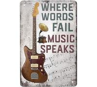 Vintage Metal Guitar Tin Sign - Where Words Fail Music Speaks -Musical Bar Pub Cafe Wall Kitchen Bathroo Poster Karaoke Retro Decor Art 8x12 inch