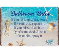 Vintage Metal Sign 8x12 Inch, Bathroom Rules Blue Ocean Funny Tin Sign Wall Art Decor for Home, Bathroom, Toilet Decoration