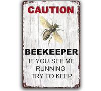 Vintage Metal Sign,Caution Beekeeper If You See Me Running Try To Keep Funny Decor Warning Tin Signs for Garden Yard Club Outdoor Indoor Home Bar Pub Man Cave Decorative 12x16 inch