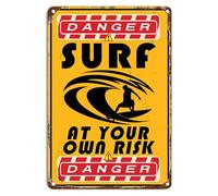 Vintage Metal Sign Danger Surf At Your Own Risk Warning Tin Signs Rustic Decor Bar Cafe Club Restaurant Park School Street Road Lane Wall Decoration Outdoor Retro Metal Tin Sign 8X12 Inches