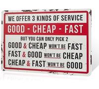 Vintage Metal Sign, Good-Cheap-Fast Service Rules, Red and White, Retro Shop Decor
