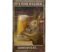 Vintage Metal Sign Rabbits Bunny Bar It's Five O'clock Somewhere Tin Sign Wall Poster Decor Funny Retro Bar Coffee Pub Gift Wall Decor Sign 12x8 Inch