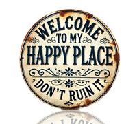 Vintage Metal Sign, Round Sign Wall Art Decor, Welcome to My Happy Place Signs, Funny Welcome Door Signs for Home Front Door Outdoor Garden Bar Yard Club Porch Decoration