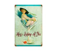 Vintage Metal Sign Tin Sign Pin Up Girl Here's Looking at You Home Bar Kitchen Restaurant Wall Decor Sign 12X8Inch