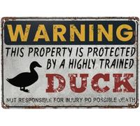 Vintage Metal Sign Warning Property Protected By Duck Retro Metal Tin Sign For Home Farm Yard Garden Garage Outdoor Wall Decor Funny Signs 6x8 Inch