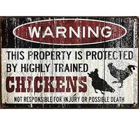 Vintage Metal Sign Warning This Property Is Protected by Highly Trained Chickens Retro Plaque Wall Decor for Kitchen Bar Pub Farm House 8"x12"