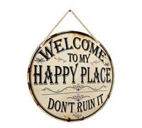 Vintage Metal Sign Welcome to My Happy Place Wall Plaque Garden Decor | Retro Rustic Iron Hanging Sign Round Vintage Metal Tin Sign Funny Slogan Wall Art Decor for Porch Home Christmas Party Gift