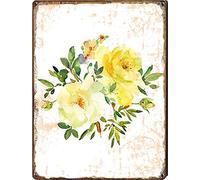 Vintage Metal Sign Yellow Watercolor Floral Bouquet Printable Wall Art Pale Yellow Roses Orchid Digital Print tin Sign Aluminum Sign for Bathroom Kitchen Home Bar Cafe Garage Man Cave 8" x 12"