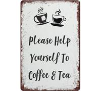 Vintage Metal Signs Please Help Yourself To Coffee & Tea Print Coffee Decor Retro Poster Plaque Wall Art Tin Sign Funny Decorations For Bar Pub Cafe Farm Room Office Wall Decor 8x5.5 Inch