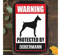 Vintage Metal Tin Sign 8"x12", Dobermann Warning Wall Art Decor, Protected By Dobermann Beware Dog Warning Poster for Home Living Room Bedroom Garden Garage Cafe Bar Pub