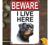 Vintage Metal Tin Sign 8"x12", Warning Wall Art Decor, Beware Dogs I Live Here Rottweiler Warning Notice Poster for Home Living Room Bedroom Garden Garage Cafe Bar Pub