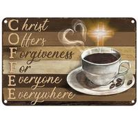 Vintage Metal Tin Sign Coffee Cup, Light Cross, Christ Offers Forgiveness for Everyone Everywhere Rustic Wall Decor Home Bedroom Bar Cafe Club 8"x12"