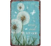 Vintage Metal Tin Sign Dandelion White Butterfly Let Go And Let God Rustic Wall Decor For Home Bedroom Bar Cafe Club Gift For Women Men 8x5.5 Inch Plaque Tin Sign