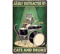 Vintage Metal Tin Sign Drummer Cat Easily Distracted By Cats And Drums Poster Funny Retro Sign For Home Bar Coffee Pub Gift Men Cave Wall Decor 20x30cm