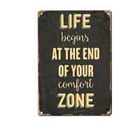 Vintage Metal Tin Sign Logo Life Begins At The End Of Your Comfort Zone Funny Gift For Him Or Her Home Novelty Retro Parlor Cafe Store Mural Metal Tin Signs Wall Decor 8x12 Inch
