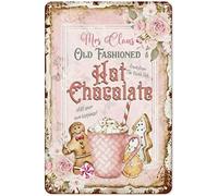 Vintage Metal Tin Sign Mrs Claus Hot Chocolate Sign Pink Christmas Hot Cocoa Shabby Chic Tin Sign Cafe bar Home Art Decoration Retro Metal Tin Sign 8X12 Inches