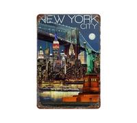 Vintage Metal Tin Sign,New York, Skyline At Night,Retro Wall Decor Art Tin Sign for Home Coffee Bar Restaurant Pub(20x30cm)8x12 inch-E87