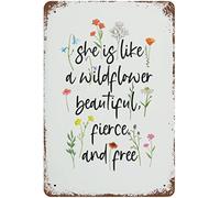 Vintage Metal Tin Sign Wildflower She Is Like A Wildflower Beautiful Fierce And Free Pretty Flower Quote Valentine'S Day Sign Funny Novelty Garage Home Decor Wall Art Tin Signses 8x12 Inch