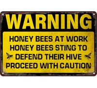 Vintage Metal Tin Signs Retro Warning Honey Bees at Work Honey Bees Sting to Defend Their Hive Proceed with Caution Sign Wall Decor for Farm Garden Garage Home Bar Cafe Club Outdoor 8x12 in
