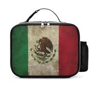 Vintage Mexico Flag Leather Lunch Bag Insulated Lunchbox Meal Tote Handbags with Detachable Buckled Handle