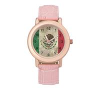 Vintage Mexico Flag Women's Watch Pink Rose Gold Strap Wristwatch Minimalist Easy Reader Watchec
