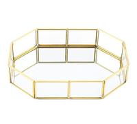 Vintage Mirrored Glass Jewelry Tray with Brass Edging for Vanity Makeup Organization, Two Sizes (Polygon Trumpet)