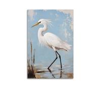 Vintage Modern Bird Wall Art Hanging Paintings Poster White Heron Egret Coastal Beach Canvas Painting for Bathroom Living Room Home Office Decor 08x12inch(20x30cm)