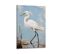 Vintage Modern Bird Wall Art Hanging Paintings Poster White Heron Egret Coastal Beach Canvas Painting for Bathroom Living Room Home Office Decor 08x12inch(20x30cm)