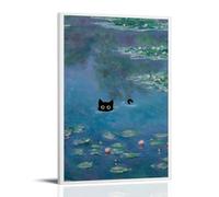 Vintage Monet Water Lily Cat Posters Canvas Print Aesthetic Wall Art Modern Home Decor for Bedroom Living Room 12x18inch(30x45cm) Frame-style