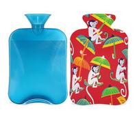 Vintage Monkey Hot Water Bottle with Cover, Chinoiserie Umbrella Animal 2L Hot Water Bag for Pain Relief, Neck Soft and Shoulder, Hand Feet Warmer, Hot and Cold Compress for Adult Kids