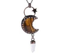 Vintage Moon Crystal Pendant Necklace For Women Men Boho Crescent Hexagonal Column Energy Crystal Necklace Pendant Chain Jewellery Gifts Tiger Eye Stone