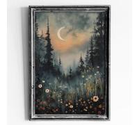 Vintage Moon Flowers Canvas Wall Art Dark Forest Picture Gothic Landscape Canvas Vintage Wildflower Painting Gothic Moon Wall Art Dark Academia Artwork Moody Flower Poster for Room 16x24inch No Frame