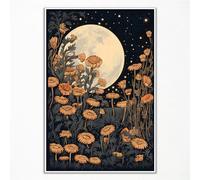 Vintage Moon Flowers Canvas Wall Art, Retro Mystical Celestial Moon Poster, Rustic Yellow Wildflower Field Print, Cottagecore Ethereal Moonlight with Botanical Floral Wall Decor 16x24in Unframed