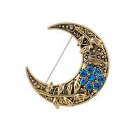 Vintage Moon & Leaf Brooch - Antique Gold Plated Blue Rhinestone Crescent Lapel Pin for Women Men, Celestial Scarf Coat Accessory Jewellery