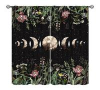 Vintage Moon Phase Window Curtains,Boho Forest Wildflower Plant Blackout Drapes,Dreamy Starry Background Gothic Moonlit Garden Colorful Flower Print Curtains for Bedroom Decor 42x45 Inch