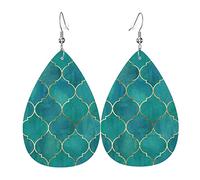 Vintage Moroccan With Gold Line Teal Pattern Women Earrings Faux Leather Dangle Eardrop Drop Earring Fashion Jewellery Gift For Wife Daughter Girlfriend Christmas